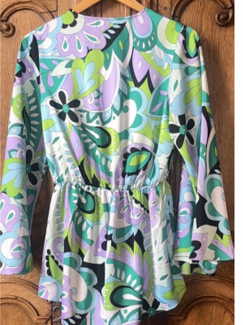 Steve Madden NWT Abstract Floral Bell Sleeve Romper Boho Mod Y2K S - Picture 7 of 8